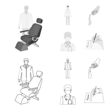 Doktor bir yüz maskesi, diş hekimi, sağlık personeli, şeker için bir kan testi. Medicineset toplama simgeler anahat, tek renkli stil vektör simge stok çizim web.