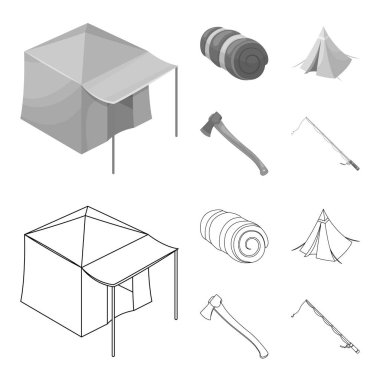 Çadır Tente, ax ve diğer aksesuarları ile. Çadır toplama simgeler anahat, tek renkli stil vektör simge stok çizim web ayarla..