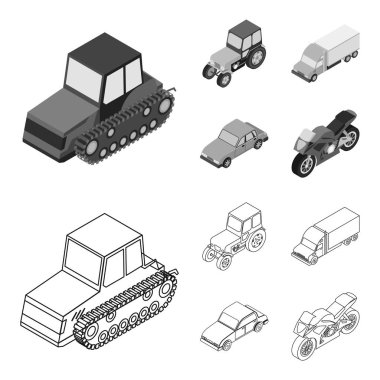 Traktör, caterpillar traktör, kamyon, araba. Taşıma anahat, tek renkli stil vektör simge stok çizim web simgeler kümesi.