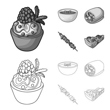 Ahududu, Yeşiller, sebze sosis, şişleri sebze vejetaryen çorbası ile pasta. Vejetaryen yemekleri toplama simgeler anahat, tek renkli stil vektör simge stok illüstrasyon ayarla.