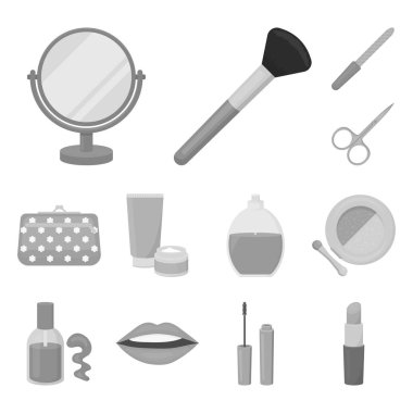 Makyaj ve kozmetik tek renkli simgeler set koleksiyonu tasarım için. Makyaj ve ekipman sembol stok web illüstrasyon vektör.