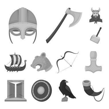 Vikingler ve öznitelikler tek renkli simgeler set koleksiyonu tasarım için. Eski İskandinav savaşçı vektör simge stok web çizimi.