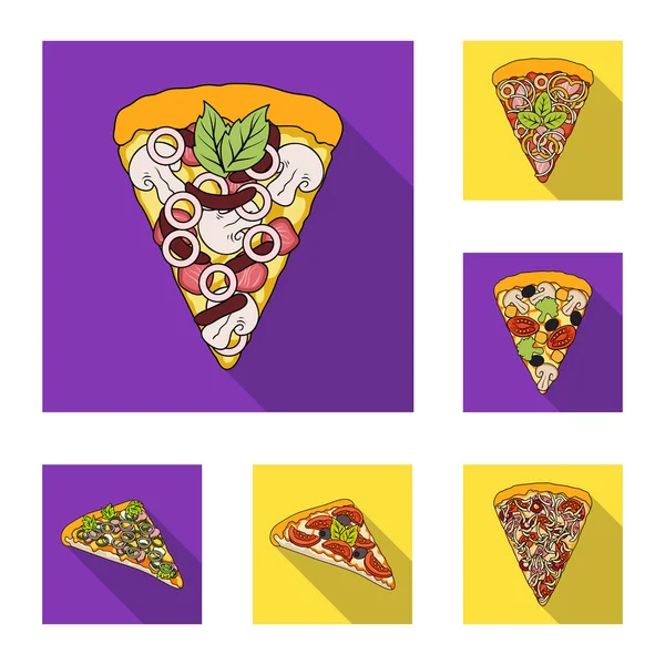 Pizzy różnych płaskich ikony w kolekcja zestaw do projektowania. Pizza jedzenie wektorowego symbol zasobów sieci web. — Wektor stockowy