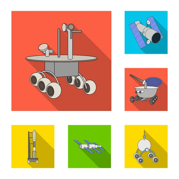 Iconos planos de tecnología espacial en la colección de conjuntos para el diseño. nave espacial y equipo vector símbolo stock web ilustración . — Vector de stock