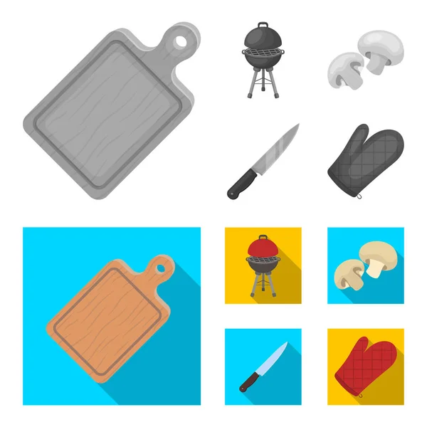 Griglia barbecue, champignons, coltello, mitten.BBQ set raccolta icone in monocromatico, stile piatto vettore simbolo stock illustrazione, web — Vettoriale Stock