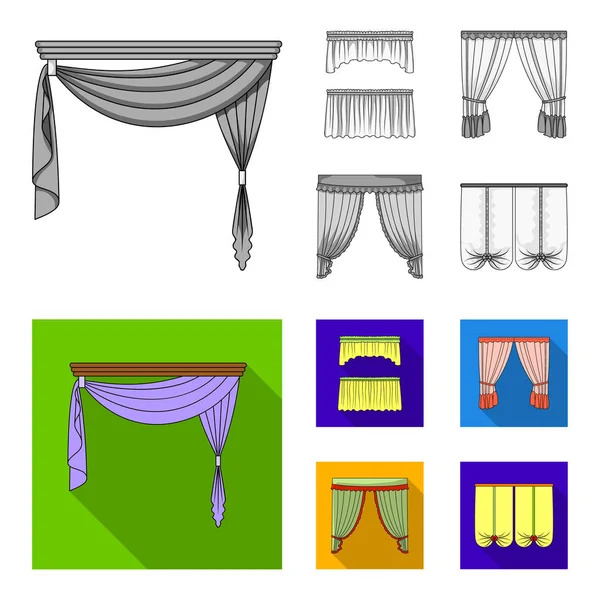 Différents types de rideaux de fenêtre. icônes de collection ensemble rideaux en monochrome, style plat vectoriel symbole illustration web . — Image vectorielle