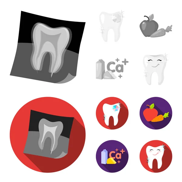 En tand med strålande mousserande, ett äpple med morötter användbar för tänder, mjölk i en låda, ost och ett tecken av kalcium, en leende tand. Tandvård som samling ikoner i monokrom, platt stil vektor — Stock vektor