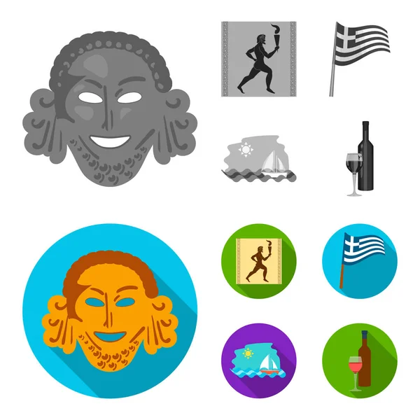Grecia, running, wine, flag .Grecia set icone di raccolta in monocromatico, stile piatto vettore simbolo stock illustrazione web . — Vettoriale Stock