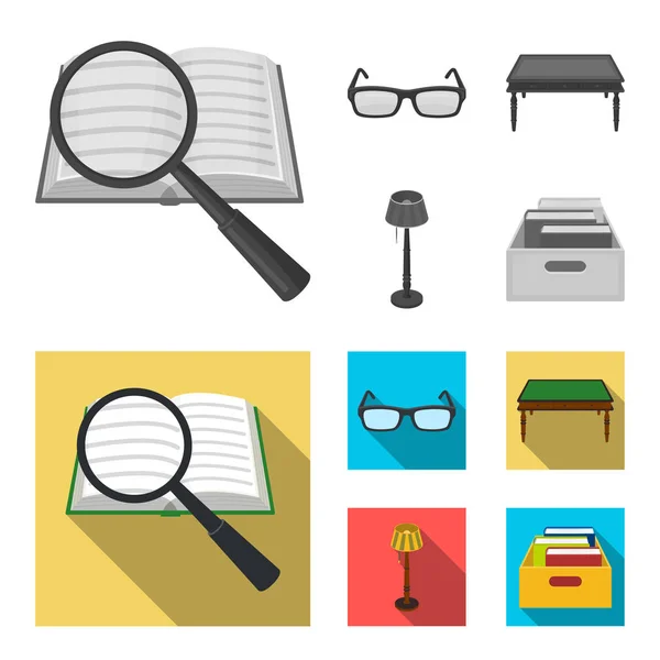 Brýle, dřevěný stůl, stojací lampa, krabice s knihami. Knihovna a knihkupectví sada kolekce ikon v jednobarevné, ploché styl vektor symbol akcií ilustrace web. — Stockový vektor