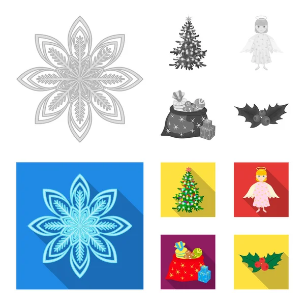 Árvore de Natal, anjo, presentes e holly monocromático, ícones planos em coleção de conjuntos para design. Símbolo vetorial de Natal ilustração web . — Vetor de Stock
