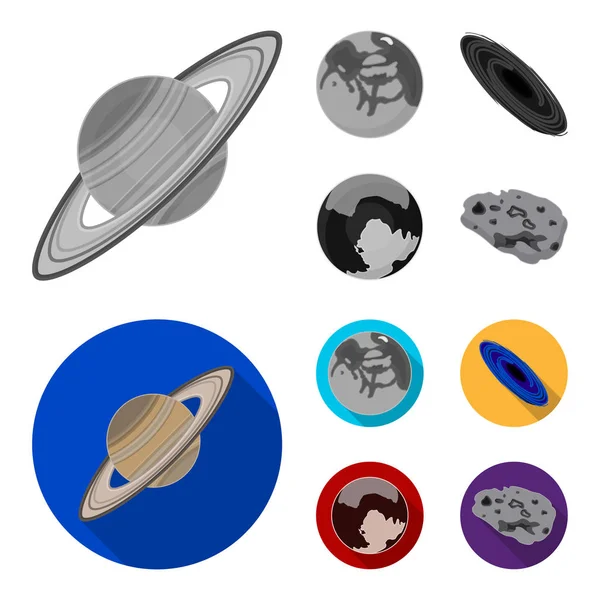 Mercurio, Plutón del Planeta del Sistema Solar. Un agujero negro y un meteorito. Planetas conjunto de iconos de colección en monocromo, vector de estilo plano símbolo stock ilustración web . — Vector de stock