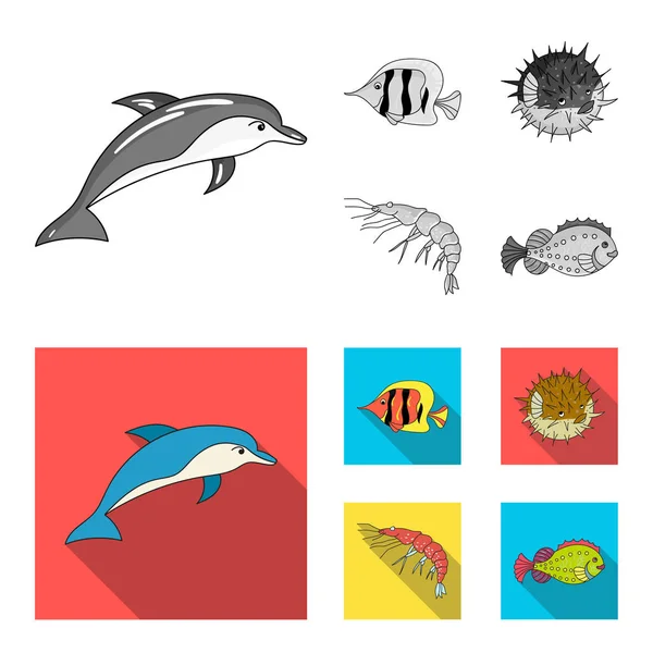 Shrimp, fish, hedgehog and other species.Sea animals set collection icons in monochrome,flat style vector symbol stock illustration web. — Stock Vector