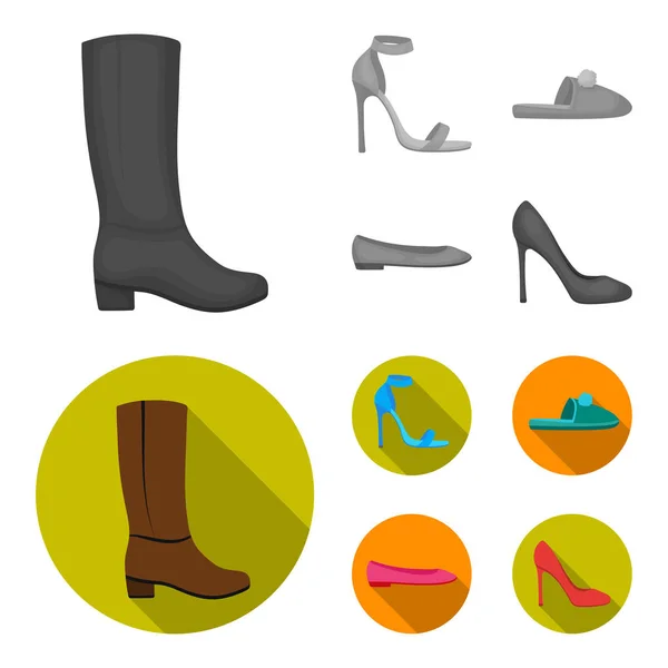 Sandalias de tacón alto azul, zapatillas de lilas caseras con un pampón, zapatos de ballet para mujeres rosas, zapatos de tacón alto marrones. Zapatos conjunto de iconos de colección en monocromo, vector de estilo plano símbolo de stock ilustración — Vector de stock