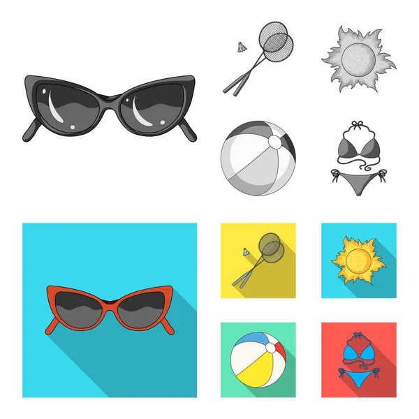 A game of badminton, a ball and the sun.Summer vacation set icons in monochrome, flat style vector symbol stock illustration web . — стоковый вектор