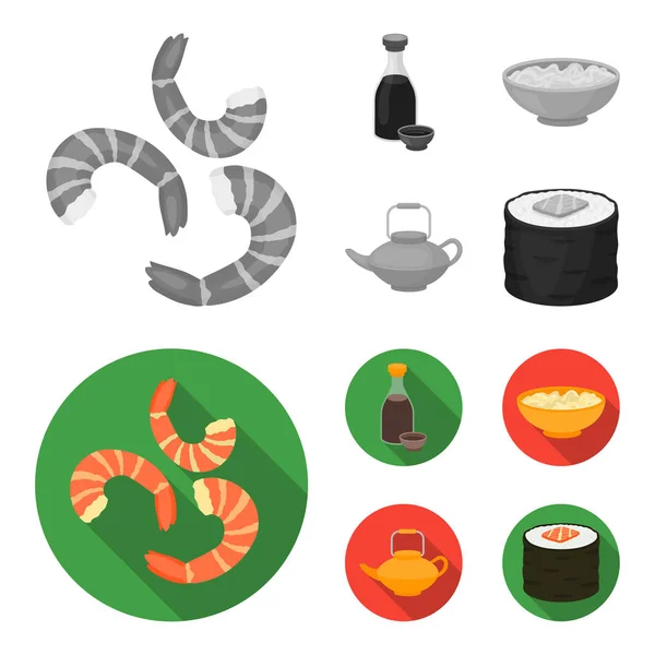 Szójaszósz, tészta, kettle.rolls.Sushi készlet gyűjtemény ikonok-ban fekete-fehér, lapos stílusú vektor szimbólum stock illusztráció web. — Stock Vector