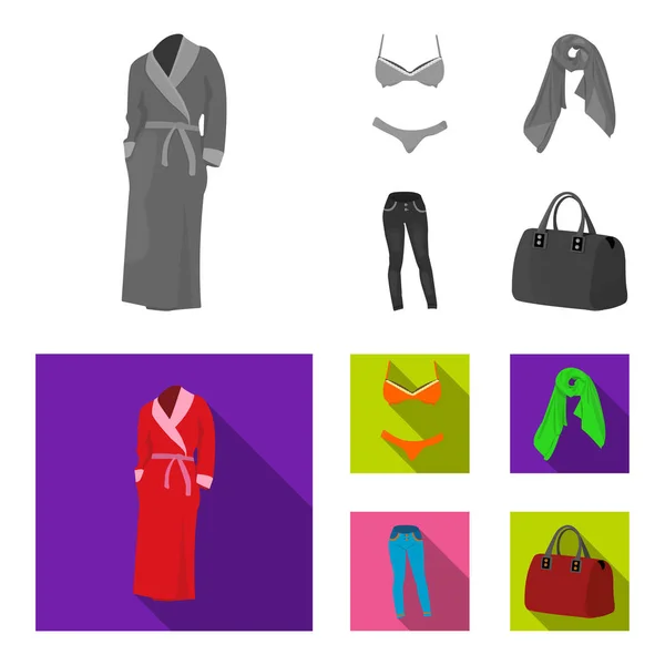 Sujetador con pantalones cortos, una bufanda de mujer, leggings, una bolsa con asas. Ropa mujer conjunto colección iconos en monocromo, vector de estilo plano símbolo stock ilustración web . — Archivo Imágenes Vectoriales