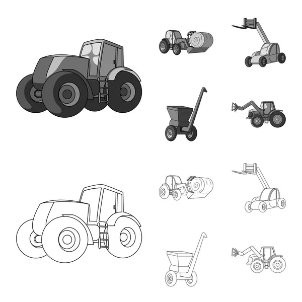 Traktor, hö Balansblock och andra jordbruks-apparater. Jordbruksmaskiner som samling ikoner i disposition, svartvit stil vektor symbol stock illustration web. — Stock vektor