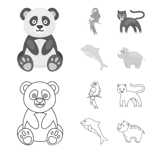 Panda.popugay, panther, dolphin. Djur som samling ikoner i disposition, svartvit stil vektor symbol stock illustration web. — Stock vektor