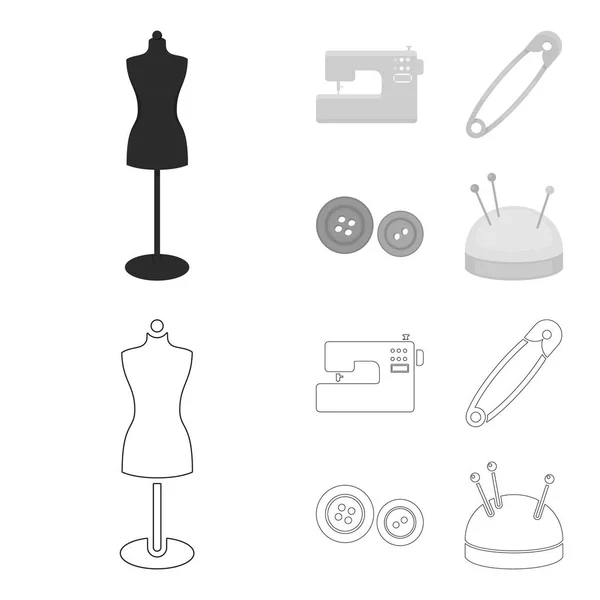 Máquina de coser eléctrica, maniquí en el soporte, pin, buttons.Atelier conjunto de iconos de la colección en el contorno, el estilo monocromo vector símbolo stock ilustración web . — Archivo Imágenes Vectoriales