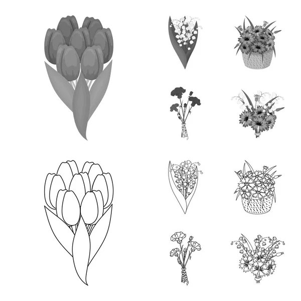 Um buquê de flores frescas esboço, ícones monocromáticos em coleção de conjuntos para design. Vários buquês símbolo vetorial web ilustração . —  Vetores de Stock