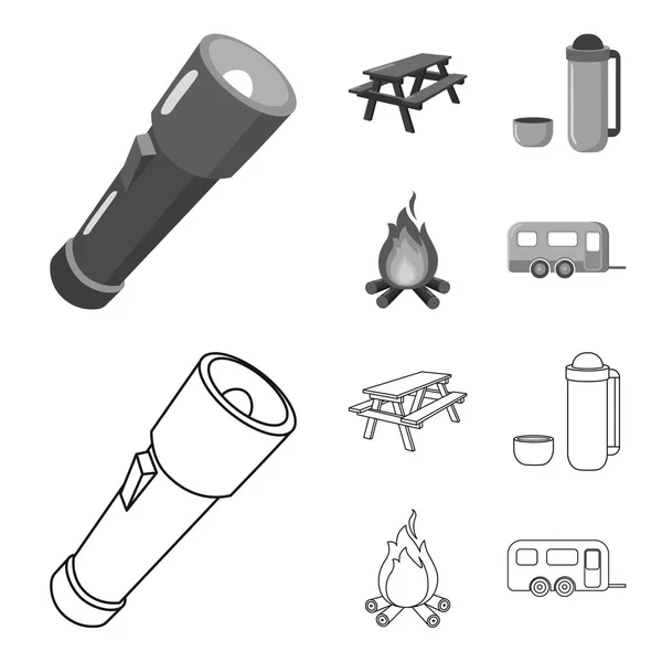 A flashlight, a table with a bench, a thermos with a cup, a caster. Camping set collection icons in outline,monochrome style vector symbol stock illustration web. — Stock Vector