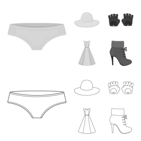 Panties Gloves Dress Hat Clothing Set Collection Icons Outline Monochrome — Stock Vector