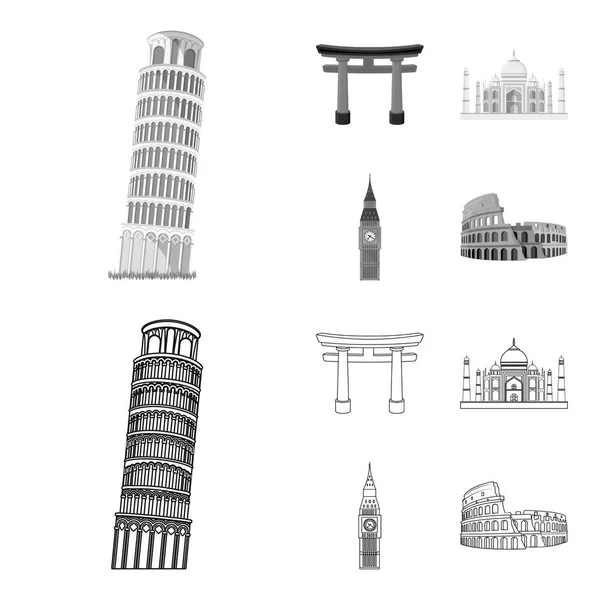 Overzicht bezienswaardigheden van verschillende landen, zwart-wit pictogrammen in set collectie voor design. Beroemde gebouw symbool voorraad web illustratie vector. — Stockvector