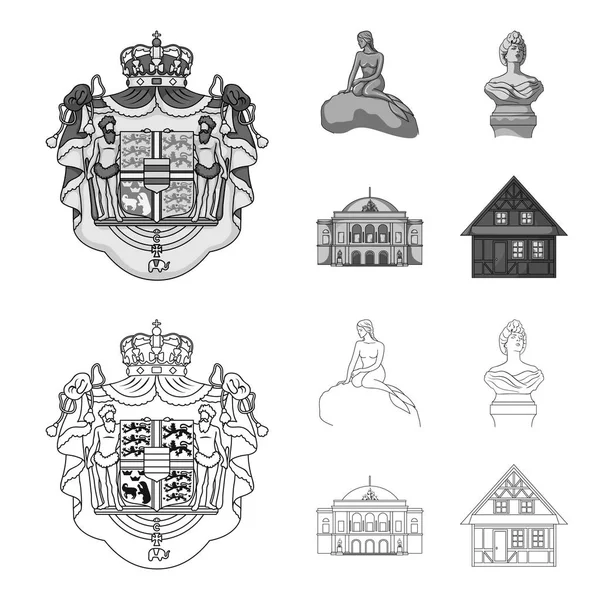 Nazionale, simbolo, disegno, e altre icone web in contorno, in stile monocromatico. Danimarca, attributi, stile, icone nella collezione set . — Vettoriale Stock