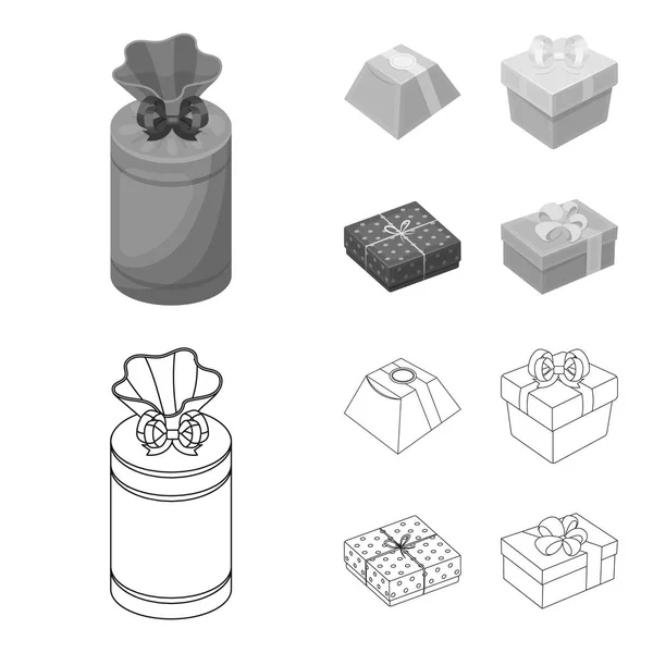 Fiyonklu hediye paketi hediye kutusu. Hediyeler ve sertifikaları anahat, tek renkli stil vektör simge stok çizim web simgeler ayarla. — Stok Vektör