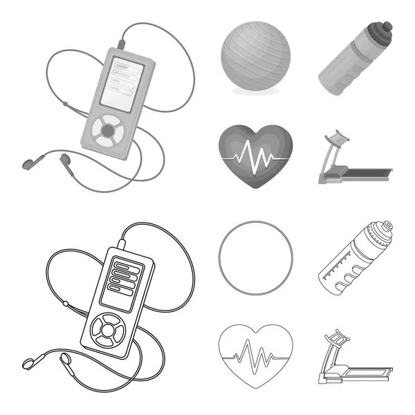 Player, a bottle of water and other equipment for training.Gym and workout set collection icons in outline,monochrome style vector symbol stock illustration web. — Stock Vector