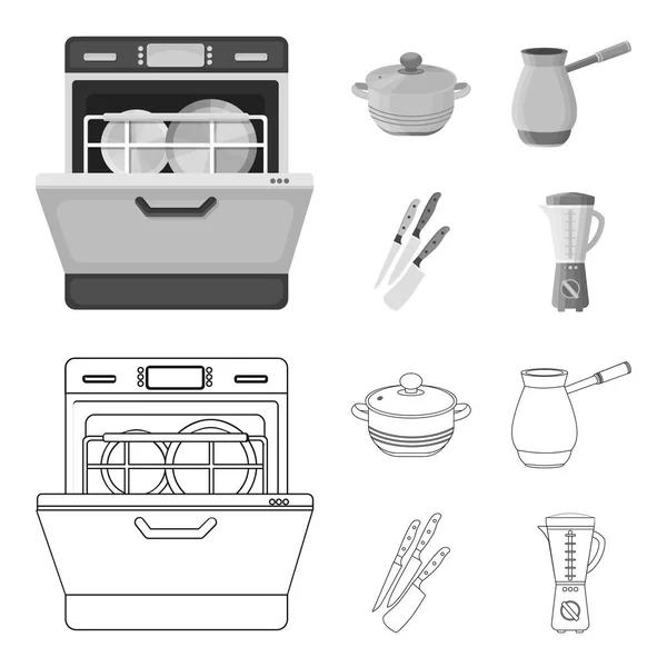 キッチン設備概要、モノクロのアイコン デザインのセットのコレクションです。キッチンとアクセサリーのベクトル シンボル ストック web イラスト. — ストックベクタ