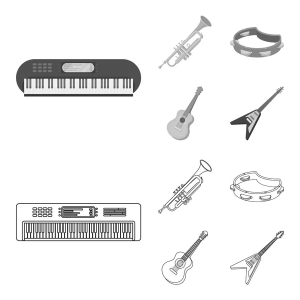 Elektromos orgona, trombita, csörgődob, gitár. Hangszerek készlet ikonok gyűjtemény-vázlat, fekete-fehér stílus vektor szimbólum stock illusztráció web. — Stock Vector
