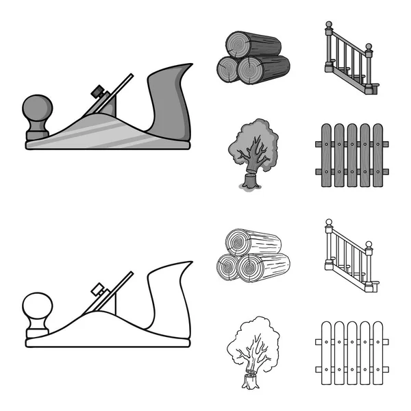 Registros en una pila, plano, árbol, escalera con pasamanos. Aserradero y madera conjunto colección iconos en contorno, monocromo estilo vector símbolo stock ilustración web . — Vector de stock