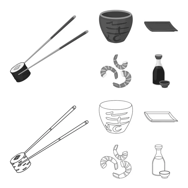 Sticks, shrimp, substrate, bowl.Sushi set collection icons in outline, monochrome style vector symbol stock illustration web . — стоковый вектор