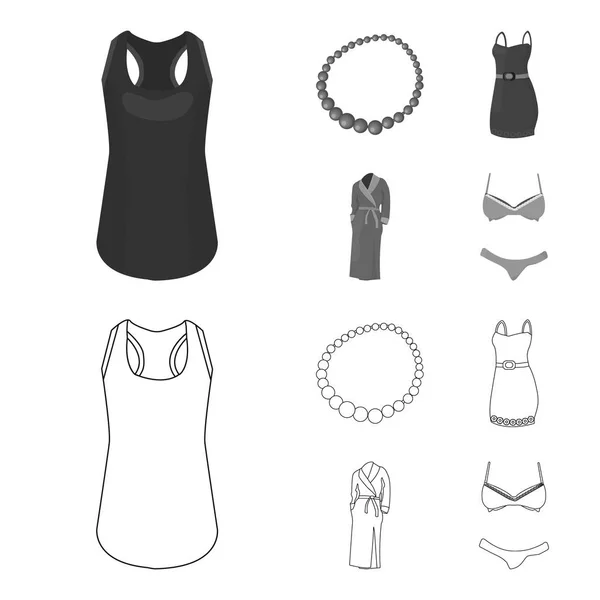 Camiseta, abalorios, sarafán de verano con correas con cinturón, un vestido de casa. Ropa de las mujeres conjunto de iconos de colección en el contorno, el estilo monocromo vector símbolo stock ilustración web . — Vector de stock