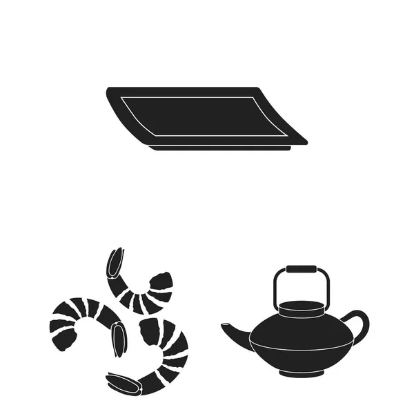 Sushi e tempero ícones pretos na coleção de conjuntos para design. Comida de frutos do mar, símbolo de vetor acessório ilustração web . —  Vetores de Stock