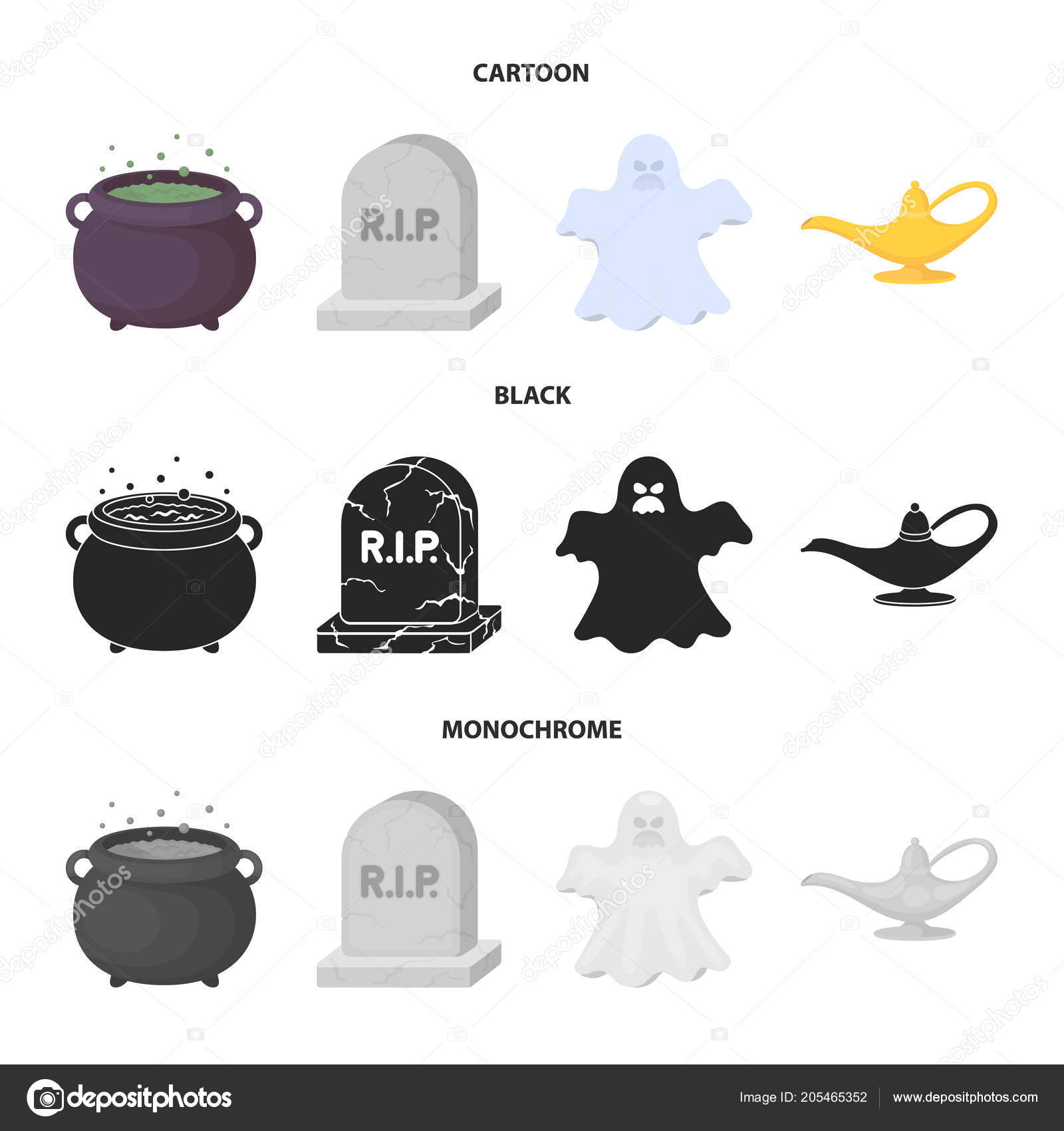 Котел Ведьмы, Надгробие, Призрак, Джин Лампы. Черно-Белая.