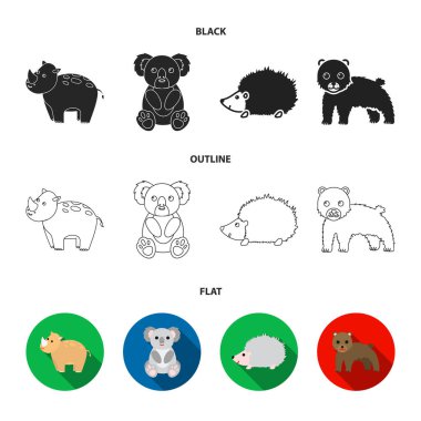 Gergedan, koala, Panter, kirpi. Hayvan koleksiyonu Icons set siyah, düz, anahat stili vektör simge stok çizim web.