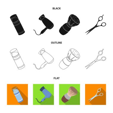 Fırça, makas, Elektrikli saç kurutma makinesi ve ekipman erkek kuaför salonu için diğer. Berber dükkanı koleksiyonu Icons set siyah, düz, anahat stili vektör simge stok çizim web.