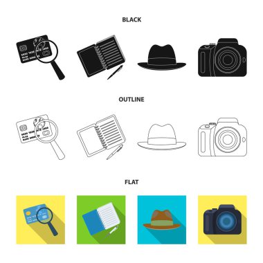 Kamera, Büyüteç, şapka, defter kalem ile. Dedektif koleksiyonu Icons set siyah, düz, anahat stili vektör simge stok çizim web.