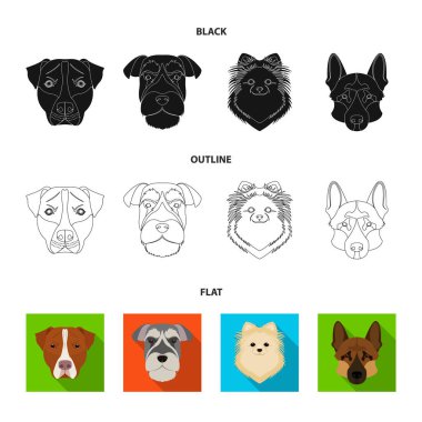 Farklı doğurmak-in köpek ağızlık. Köpek doğurmak Stafford, Spitz, Risenschnauzer, Alman çoban köpeği ayarlamak toplama simgeler siyah, düz, anahat stili vektör simge stok çizim web.