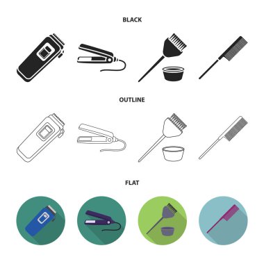 Trim, saç boyama, tarak, saç ucuna ulaştığınızda düzleştiriciyi. Kuaför koleksiyonu Icons set siyah, düz, anahat stili vektör simge stok çizim web.