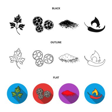 Ptrushka, karabiber, kırmızı biber, biber. Otlar ve baharatlar koleksiyonu Icons set siyah, düz, anahat stili vektör simge stok çizim web.