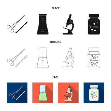 Vitaminler, bir şişesi bir çözüm ve diğer ekipmanlar ile bir banka. Tıp koleksiyonu Icons set siyah, düz, anahat stili vektör simge stok çizim web.