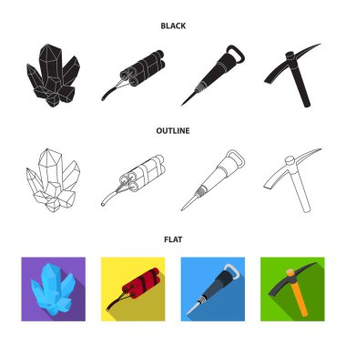 Mineraller, patlayıcılar, kırıcı, kazma. Sanayi toplama simgeler set madencilik siyah, düz, anahat stili vektör simge stok çizim web.