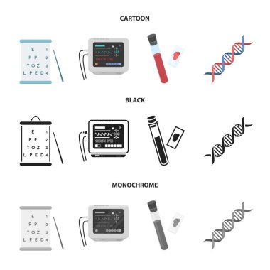 Görme testleri, kan testi, bir Dna kodu, bir EKG Cihazı tablosu. İlaç toplama simgeler çizgi film, siyah, tek renkli stil vektör simge stok çizim web içinde ayarla..