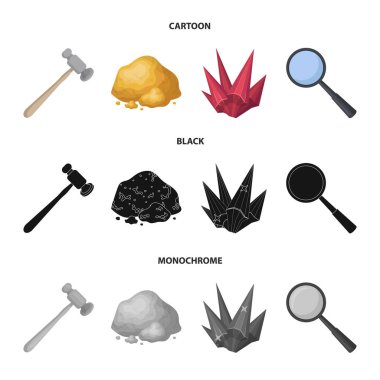 Bir kuyumcu çekiç, bir büyüteç, bakır cevheri, bir kristal. Değerli mineraller ve bir kuyumcu toplama simgeler çizgi film, siyah, tek renkli stil vektör simge stok çizim web ayarla.