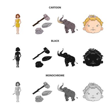 Silah, çekiç, fil, mamut. Taş devri çizgi film, siyah, tek renkli stil vektör simge stok çizim web simgeler ayarla.