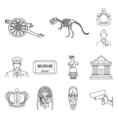 Set koleksiyonu tasarım için müze ve Galeri anahat simgeleri. Depolama ve serginin görülmeye değer parça sembol stok web illüstrasyon vektör.