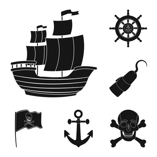 Pirat, havet rånare svart ikoner i set samling för design. Skatter, attribut vektor symbol lager web illustration. — Stock vektor
